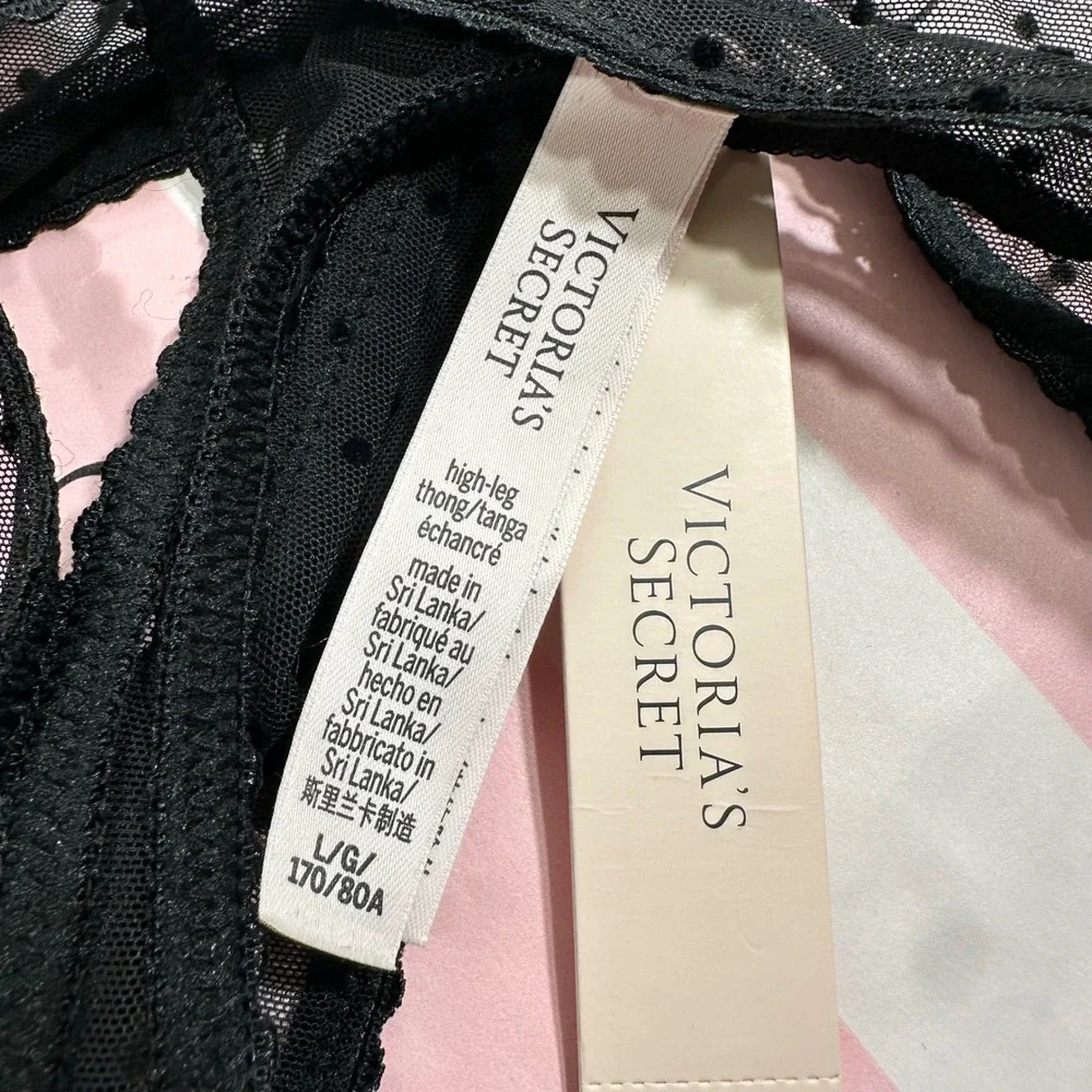 Victoria's Secret High-Leg Thong Panty L Black‎ Polka Dot Mesh Red Ribbon Bells